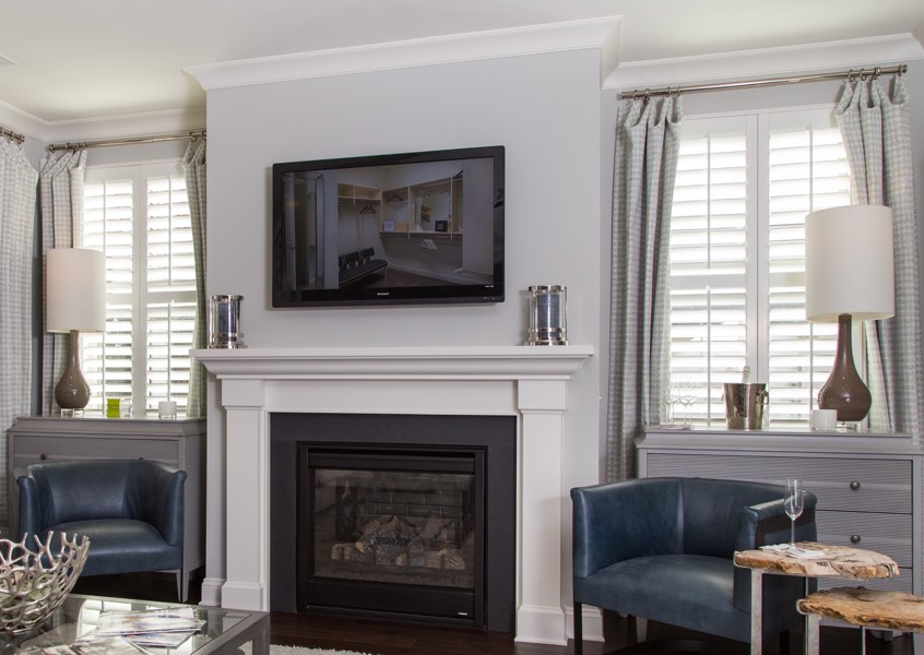 family room Fort Lauderdale faux wood shutters